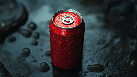 Can of soda with condensation, top view.の素材