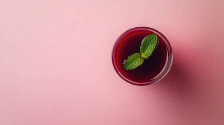 Glass of beet juice with a sprig of mint, top view.の素材