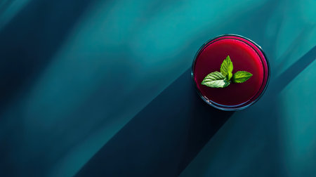 Glass of beetroot juice with a sprig of mint, top view.の素材