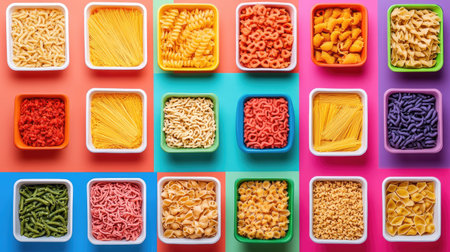 Ready-to-eat pasta dishes in microwave-safe trays arranged in a grid format on a vibrant background.の素材