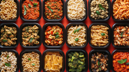 Ready-to-eat pasta dishes in microwave-safe trays arranged in a grid format on a vibrant background.の素材
