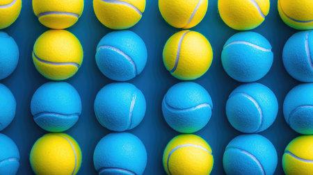 Abstract arrangement of colorful tennis balls creating a playful pattern.の素材