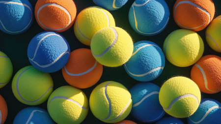 Abstract arrangement of colorful tennis balls creating a playful pattern.の素材