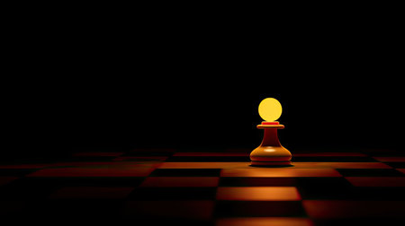 A chessboard with only a glowing queen left, symbolizing a winning strategy.の素材