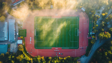 Aerial view of a football stadium with sunbeams cutting through the clouds.の素材