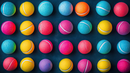 Abstract arrangement of colorful tennis balls creating a playful pattern.の素材