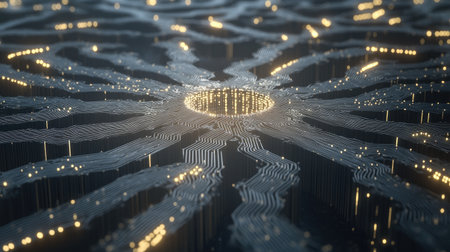 Abstract rendering of quantum computation with energy particles flowing through a matrix of digital circuits.の素材