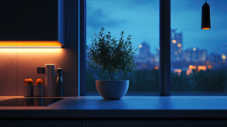 A close-up of a smart window with automated lighting and tinted glass in a modern home environment.の素材