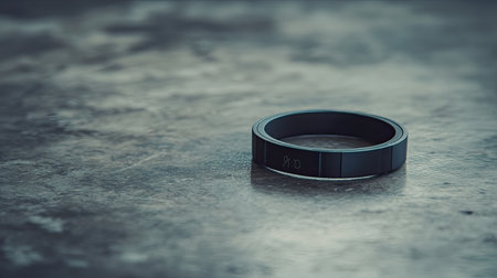 A digital fitness tracker with sleep and activity stats on display, resting on a smooth desk. Blank background with room for text.の素材