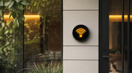 A digital smart lock on a modern front door with wireless connection symbol glowing. Clean background for text.の素材