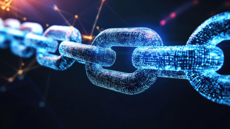 A clean blockchain network, with blocks connected by bright data lines on a dark background, representing blockchain integrity.の素材
