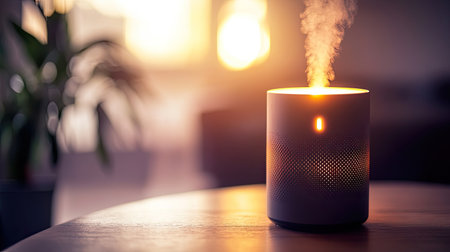 A close-up of a smart air purifier on a wooden table, glowing with an active filter symbol. Clean background for copy space.の素材