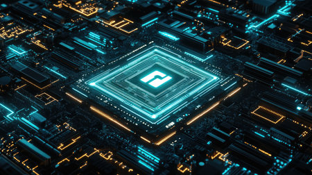 A glowing digital lock symbol on a circuit board with glowing lines representing encryption and security. Futuristic technology background with copy space.の素材