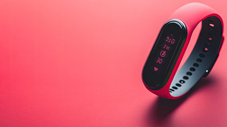 A close-up of a fitness band displaying health metrics, such as steps and calories burned. Empty background for text.の素材