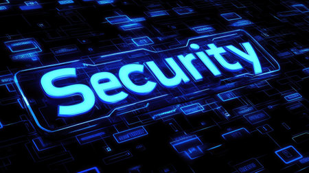 A dark screen displaying a glowing Security warning and encryption symbols, representing cybersecurity risk management.の素材