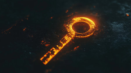 A dark background with a glowing encryption key and binary code, representing cybersecurity and secure data transfer.の素材