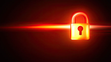 A glowing red alert signal with a lock icon and data streams in the background, emphasizing cybersecurity awareness.の素材
