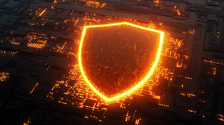 A glowing shield and circuit board representing secure technology, highlighting cybersecurity protection in virtual networks.の素材