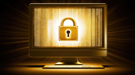 A glowing computer screen displaying encrypted text with a padlock symbol, representing secure online transactions.の素材