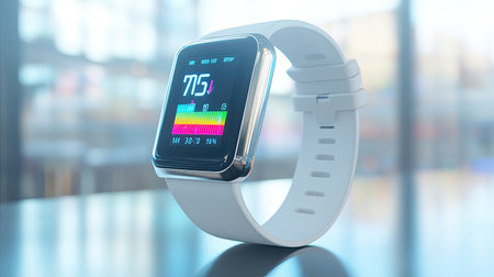 A modern health tracking device with a digital display of calories burned and steps taken. Blank space for text.の素材