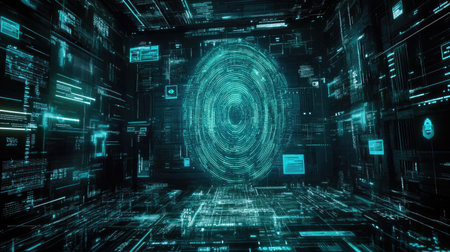 A secure digital fingerprint surrounded by encryption symbols, representing secure identification and cybersecurity solutions.の素材