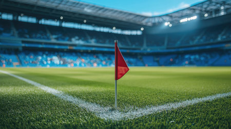 Close-up of a corner flag on a soccer field inside a large stadium.の素材