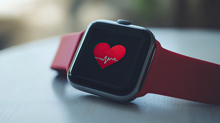 A smart watch with a heart rate and activity tracker visible on its screen, placed on a white table. Clean space for text.の素材