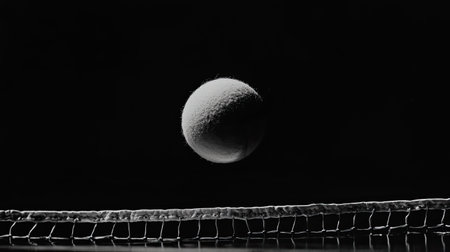 A tennis ball caught in a moment of stillness against the net.の素材