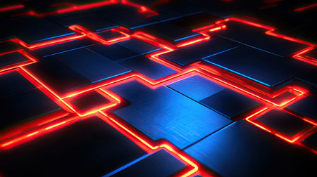 Concept of blockchain ledger with secure, glowing blocks linked by encrypted pathways on a dark background.の素材