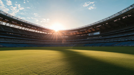 Wide-angle shot of a modern stadium under a clear, bright sky.の素材