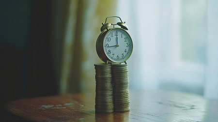A composition with a stack of coins and a small clock on top, symbolizing the time-value of money and smart saving strategiesの素材