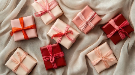 A collection of small, handmade gift boxes wrapped in red and pink paper, placed on a soft fabric background with ample space for copy.の素材