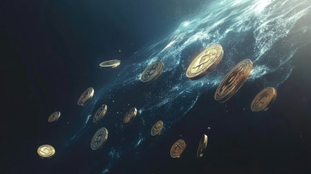 A flowing stream of coins seamlessly blending into a financial chart.の素材