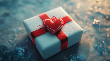 A beautifully wrapped Valentine's Day gift box with a red ribbon and heart-shaped tag, set on a soft background with plenty of room for copy.の素材