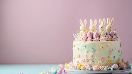 A beautifully decorated Easter cake with pastel-colored frosting, delicate floral accents, and bunny-shaped cake toppers, placed on a soft surface with plenty of room for copy.の素材