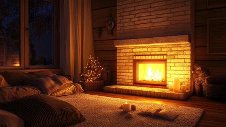 Cozy fireplace glowing warmly in a dimly lit living room with soft shadows and a romantic ambiance.の素材