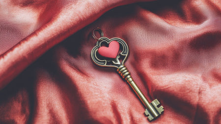 A soft red silk cloth with a golden key and a small heart-shaped charm resting on top, symbolizing a thoughtful Valentine's Day surpriseの素材