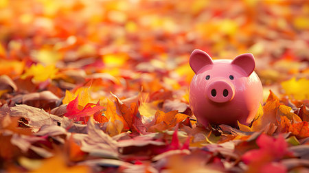 A piggy bank sitting in a bed of colorful autumn leaves on a neutral background.の素材