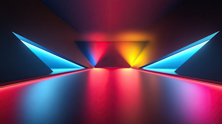 Flatlay of a stage with bright spotlights in red, blue, and yellow, with ample space around for copy placement.の素材