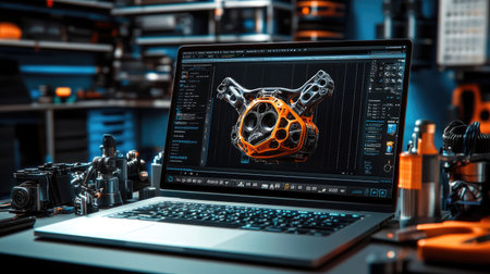 Flatlay showing a laptop screen displaying AI D modeling software with a detailed D object being developed, surrounded by clean workspace for text.の素材