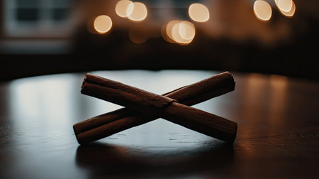 Two cinnamon sticks crossed over each other on a cozy holiday table.の素材