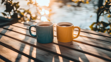 A pair of coffee mugs nestled together on a wooden table surrounded by soft morning light.の素材