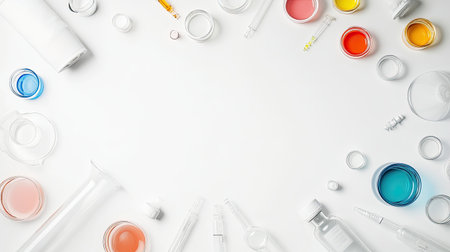 Flatlay of laboratory glassware with chemical samples and research materials, offering space for branding.の素材