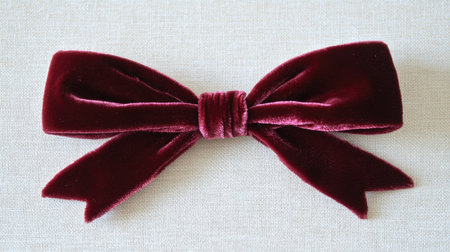A red velvet ribbon tied in a bow on a pristine white gift box, placed on a soft background.の素材