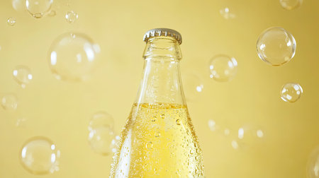 Glass soda bottle with bubbles, top view.の素材