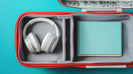 Suitcase with a pair of headphones and a book, top view.の素材
