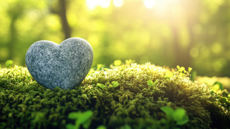 A heart-shaped stone nestled into a bed of moss in a serene forest setting.の素材