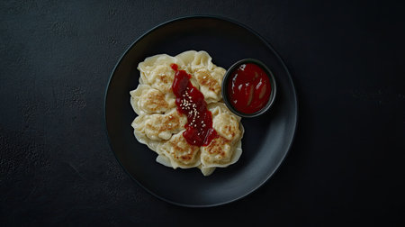 A modern flat lay of frozen dumplings and sauces on a sleek black surface with copy space around the edges.の素材