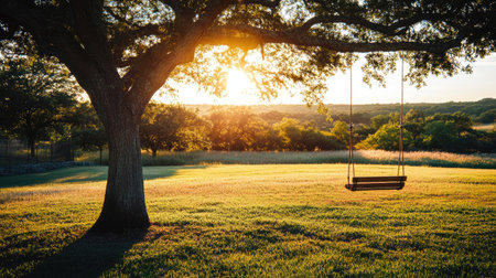 A swing hanging from a large oak tree in a sunlit field.の素材