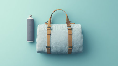 Duffle bag with a yoga mat and a water bottle, top view.の素材